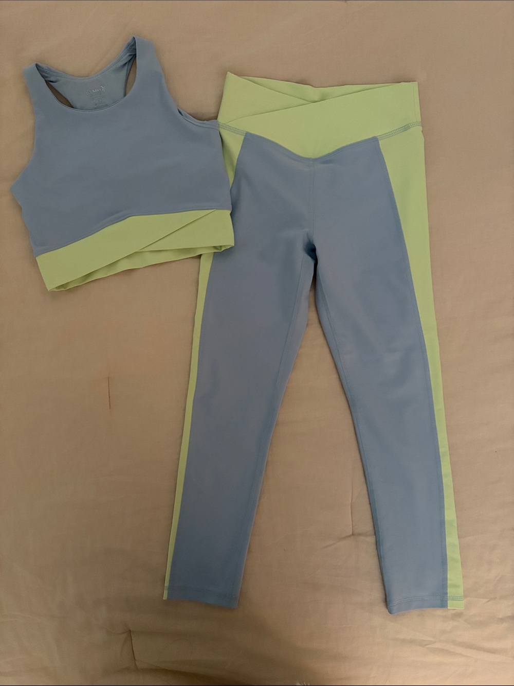 Old Navy Girls Two-Tone Sports Bra and Leggings Set in Pale Blue & Lime